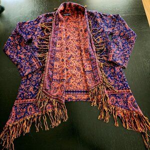 Vtg Vibrant Abstract Fringe Open‎ Front Cardigan Sz. S/M Southwestern Boho